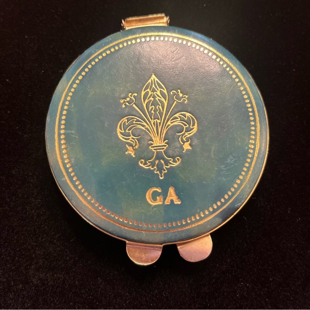 Vintage Compact Vanity Mirror Round Green Italian Leather Makeup Pill Box 3”